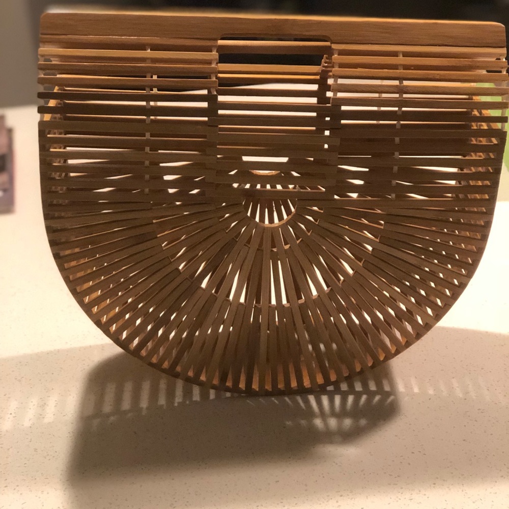 Tan Large Wooden Structured Clutch Bag